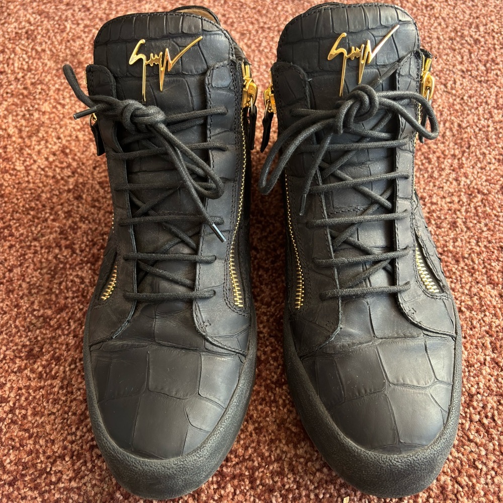 Giuseppe Zanotti Black Croc-Embossed Sneakers with Gold Accents